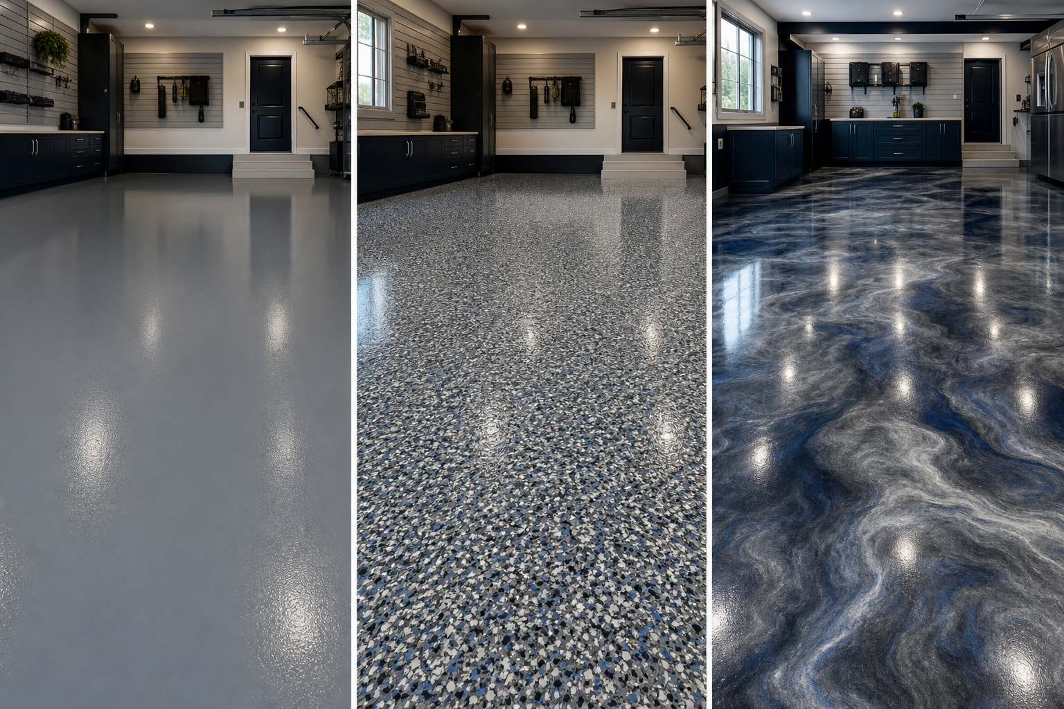 Single-color, full-flake, and metallic epoxy garage flooring options shown side by side