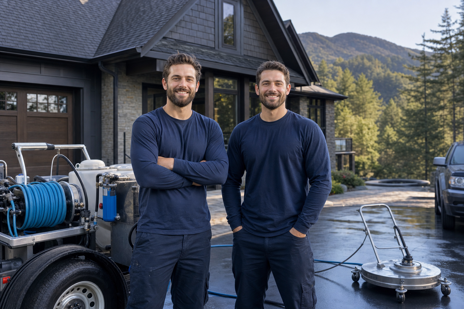Two brothers standing with their professional exterior-cleaning equipment